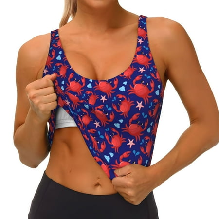 Qokaie Cute Crabs Pattern Womens Scoop Neck Sports Bra Breathable Workout Vest Padded U Back Medium Impact Fitness Gym Yoga Bra Workout Crop Top