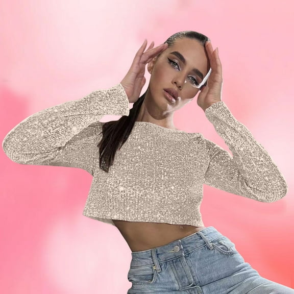 AXXD Womens T Shirts Basic Summer 2024 Sequin Sexy Trendy Beaded T-shirt With Sequins Solid Color Exposed Navel Long Sleeved Top