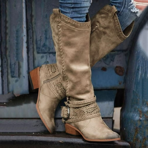 Cameland Women Fashion Cowboy Riding Boots Casual Warm Middle Heels Middle Tube Boots Shoes