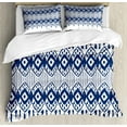 thumbnail image 1 of Ikat King Size Duvet Cover Set, Asian Traditional Design Borders Tribal Art Geometrical Motifs and Shapes, Decorative 3 Piece Bedding Set with 2 Pillow Shams, Navy Blue and White, by Ambesonne, 1 of 3