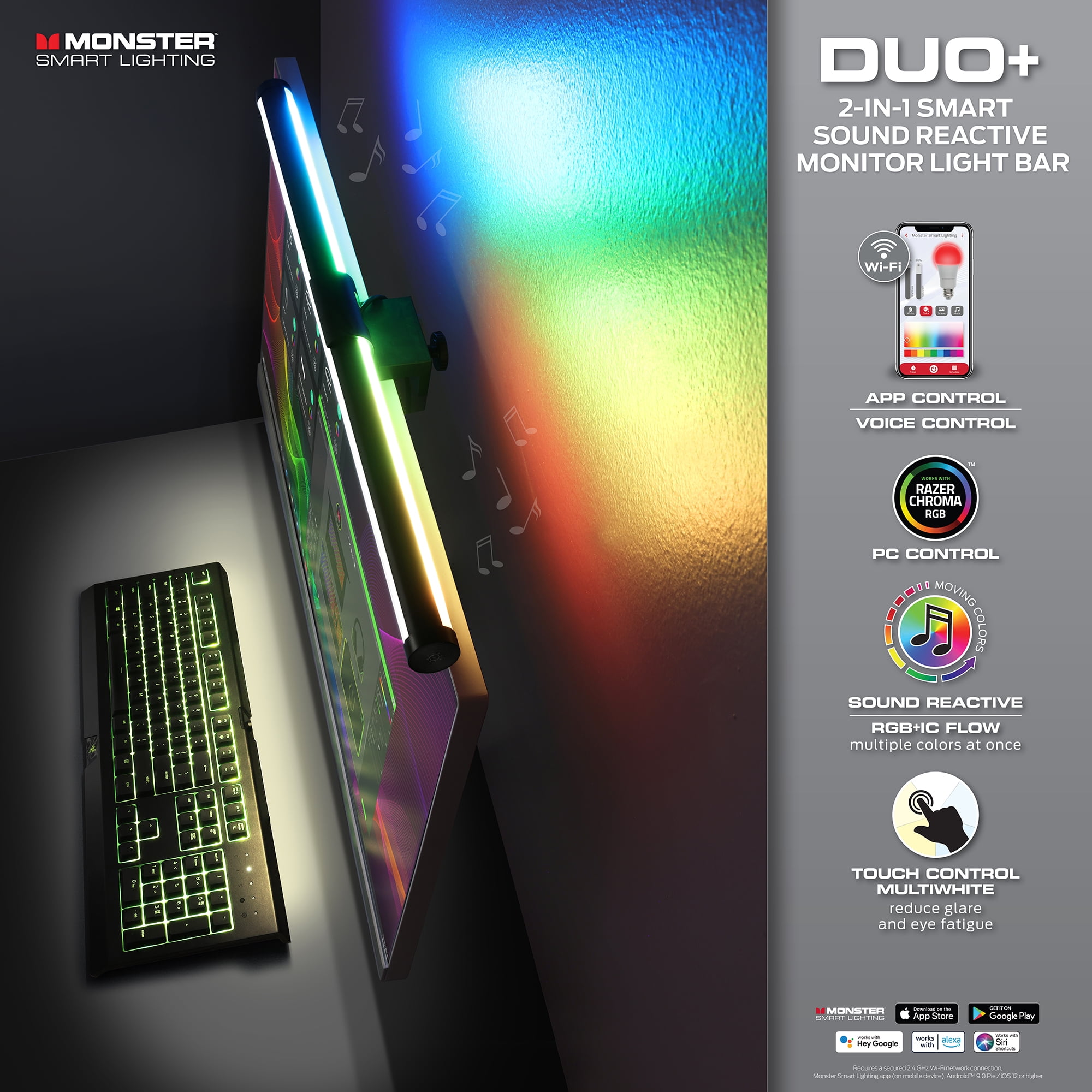 (3 pack) Monster LED Duo Monitor Light Bars with Smart Color Control & Razer Chroma Integration, for Christmas, Halloween, Party, Gameday and More