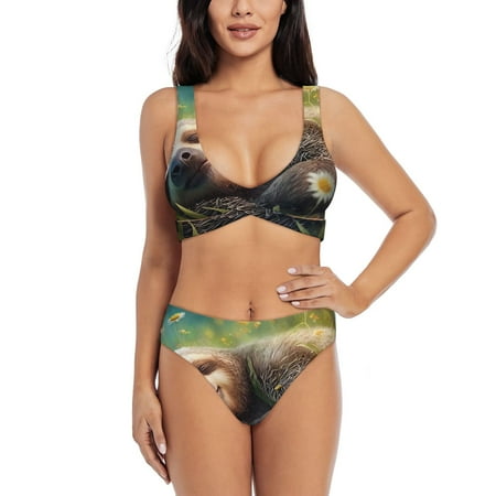 Zeuib Daisy Sleeping Sloth High Waisted Tummy Control Bikini Set - Knot Front Push Up Top & Cheeky Thong Bottom  Two-Piece Swimsuit for Women-Large