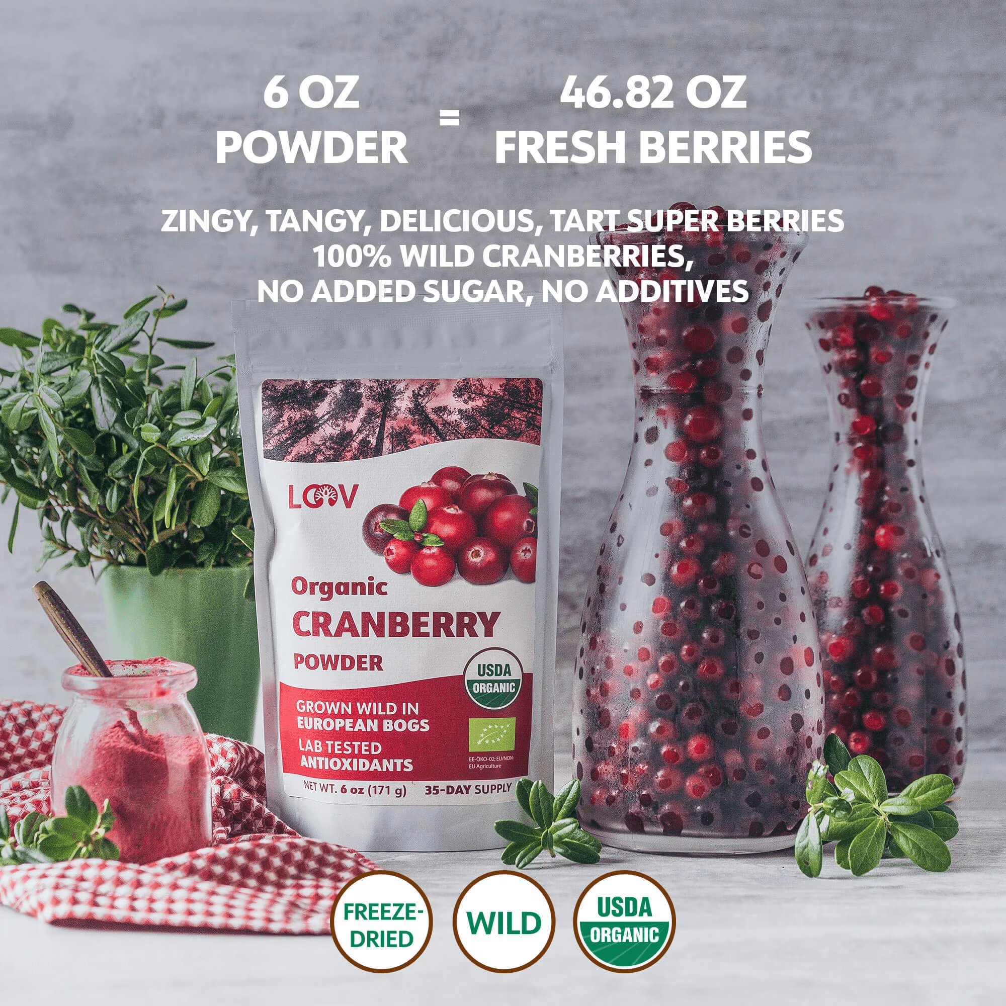 LOOV Organic Wild Cranberry Powder, Freeze-Dried, No Added Sugar, 6 oz (171 G)