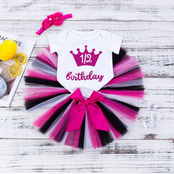 Wancir Birthday Outfit Girls Baby Strawberry Heart One Romper Ruffle Tulle Skirt Sequins Crown Headband 3PCS Clothes Set