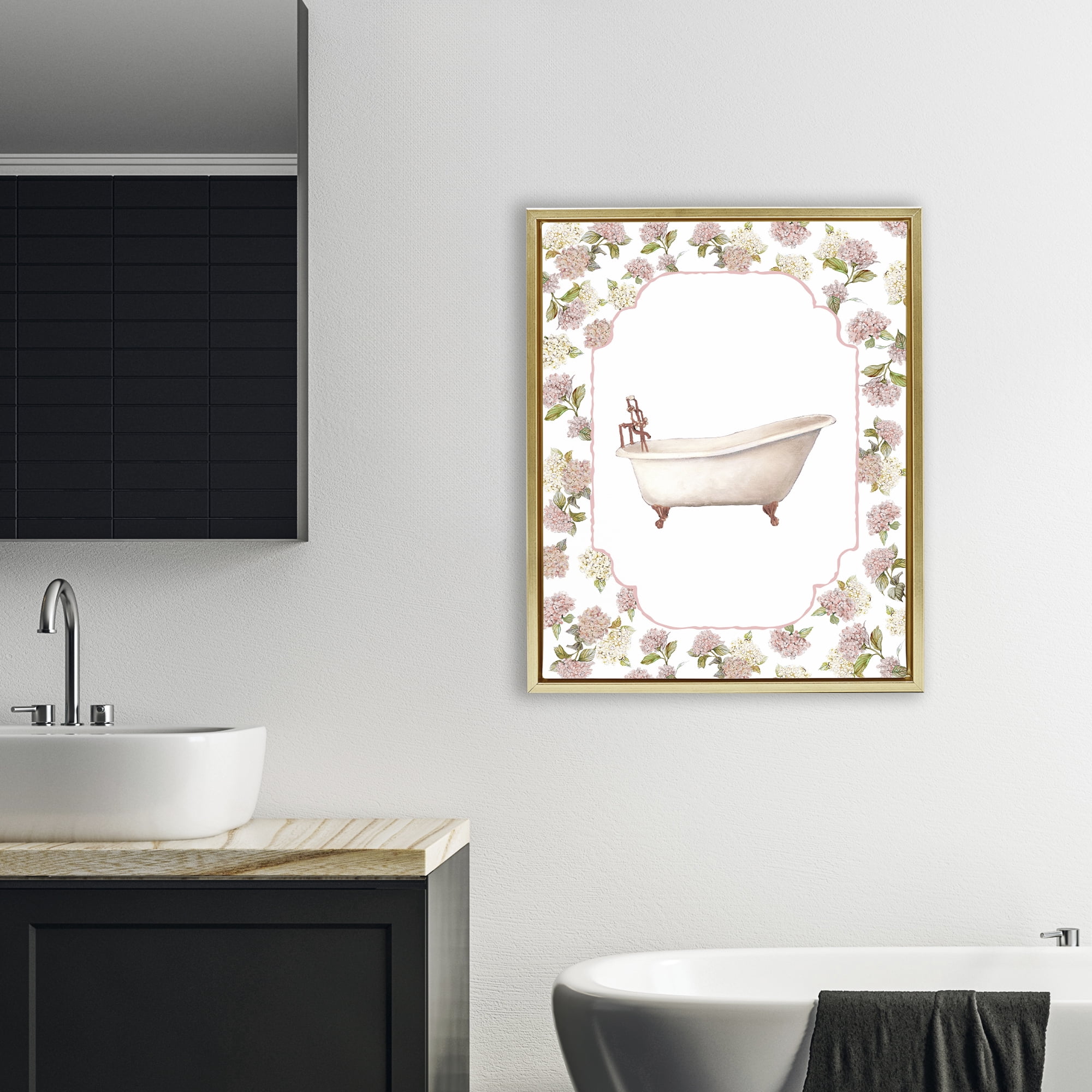 Stupell Industries Elegant Hydrangeas Bathtub Gold Framed Floater Canvas Wall Art, design by Carol Robinson