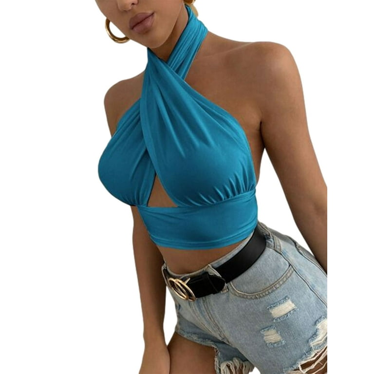 Womens Summer Solid Colour Halter Neck Blouse Top Smooth Loose Fit