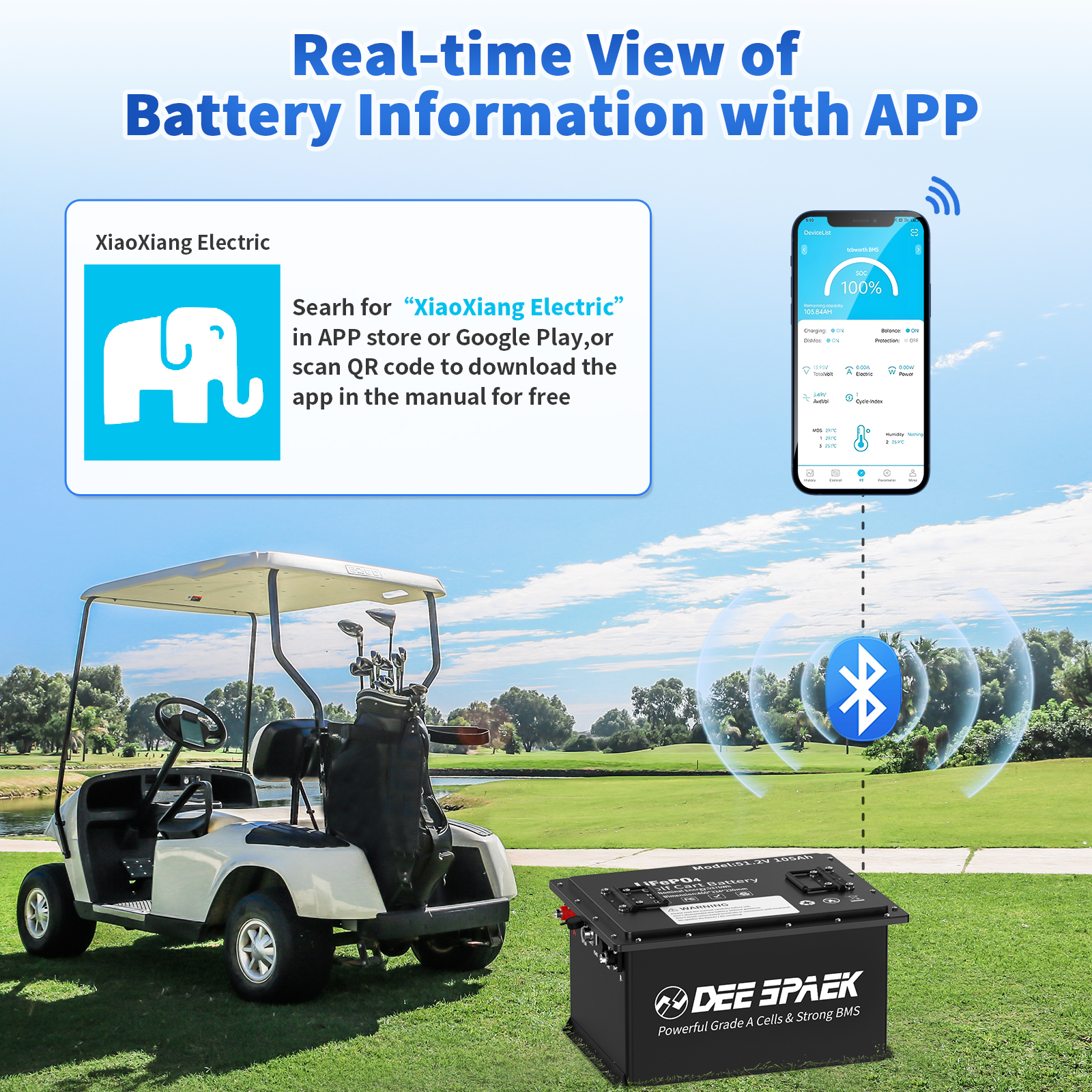 48V 105Ah Golf Cart LiFePO4 Battery,Bluetooth 200A BMS with APP Monitor & 20A Charger,for RV,Marine,15000+ Deep Cycles