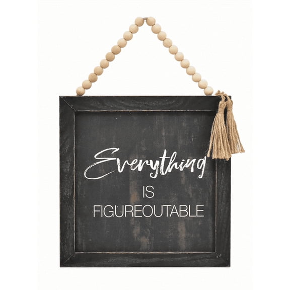 Parisloft Everything Is Figureoutable Wall Sign with Wood Bead Sring Hanger, Rustic Farmhouse Decor, Black