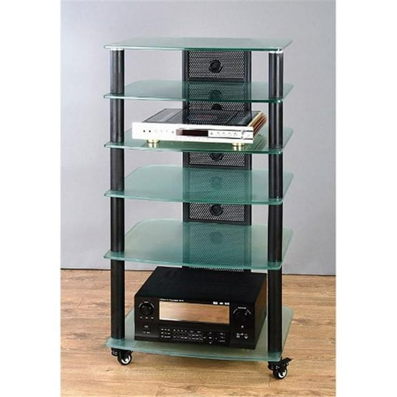 Black Poles 6 Frosted Glass Shelves AV Stand - Black