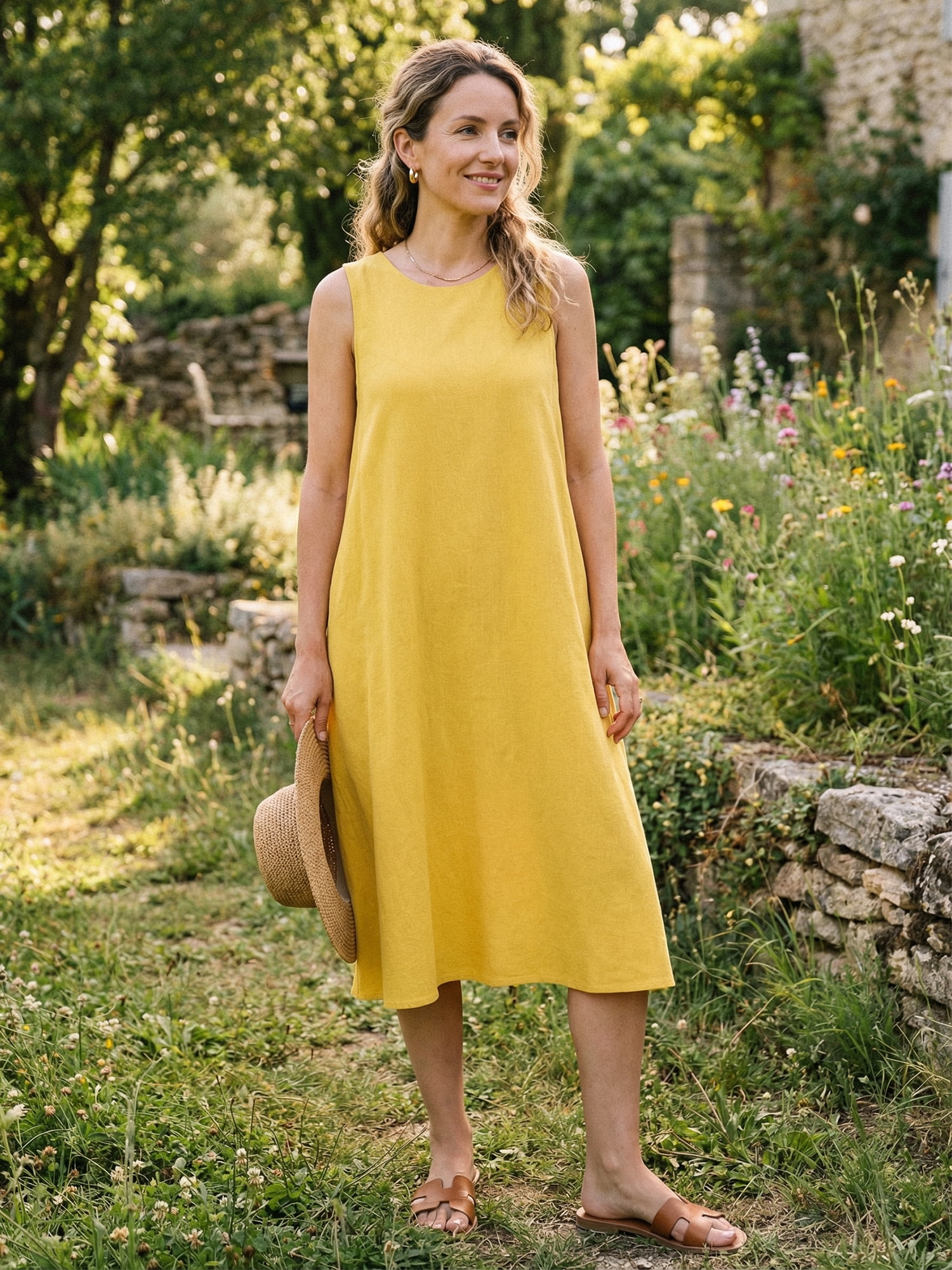 DARING DIVA Linen Sleeveless Dress Large Yellow