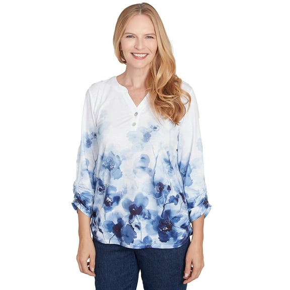 Alfred Dunner Womens Floral Border Ruched Sleeve Henley Top