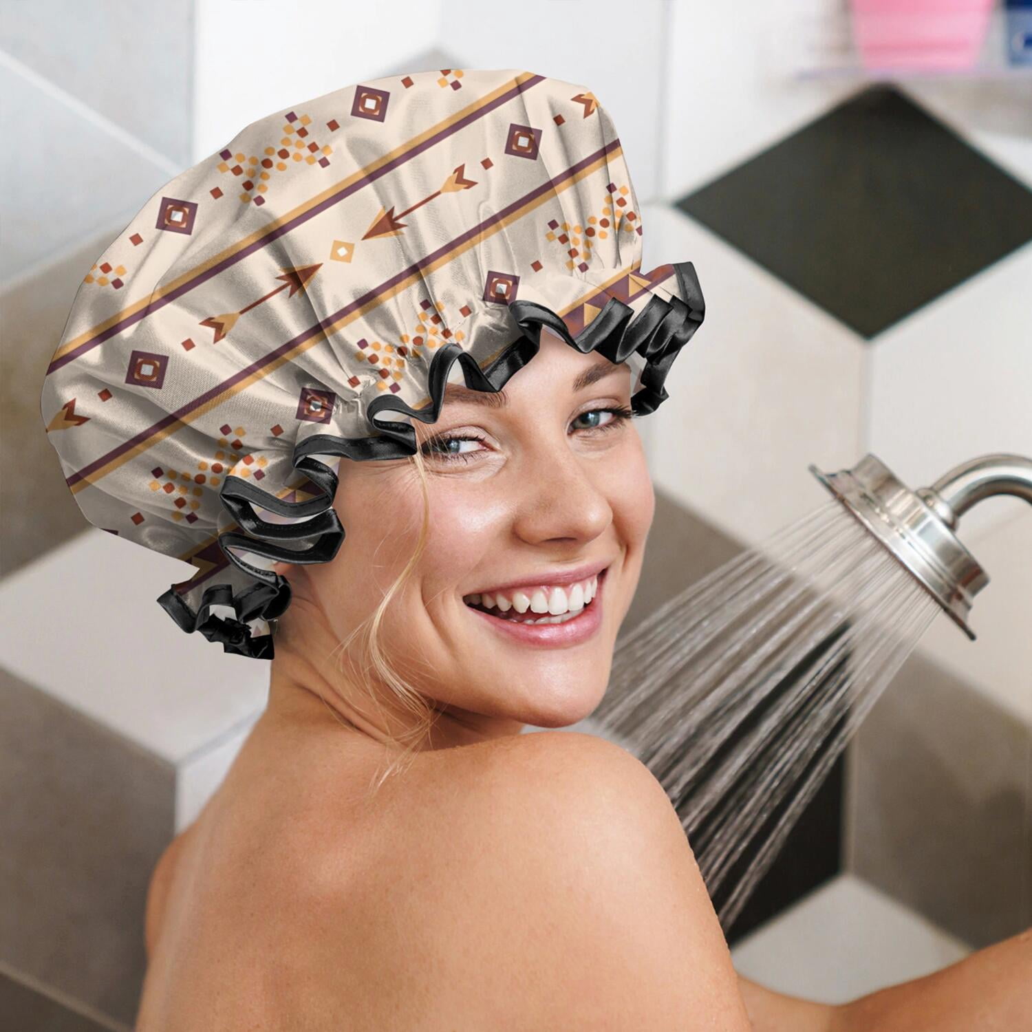 Shower Caps,Brown Ethnic Arrow Pattern Waterproof Shower Cap for Women 4 Pieces,Double Reusable Hair Cover for Shower PEVA Elastic Stretch Hem