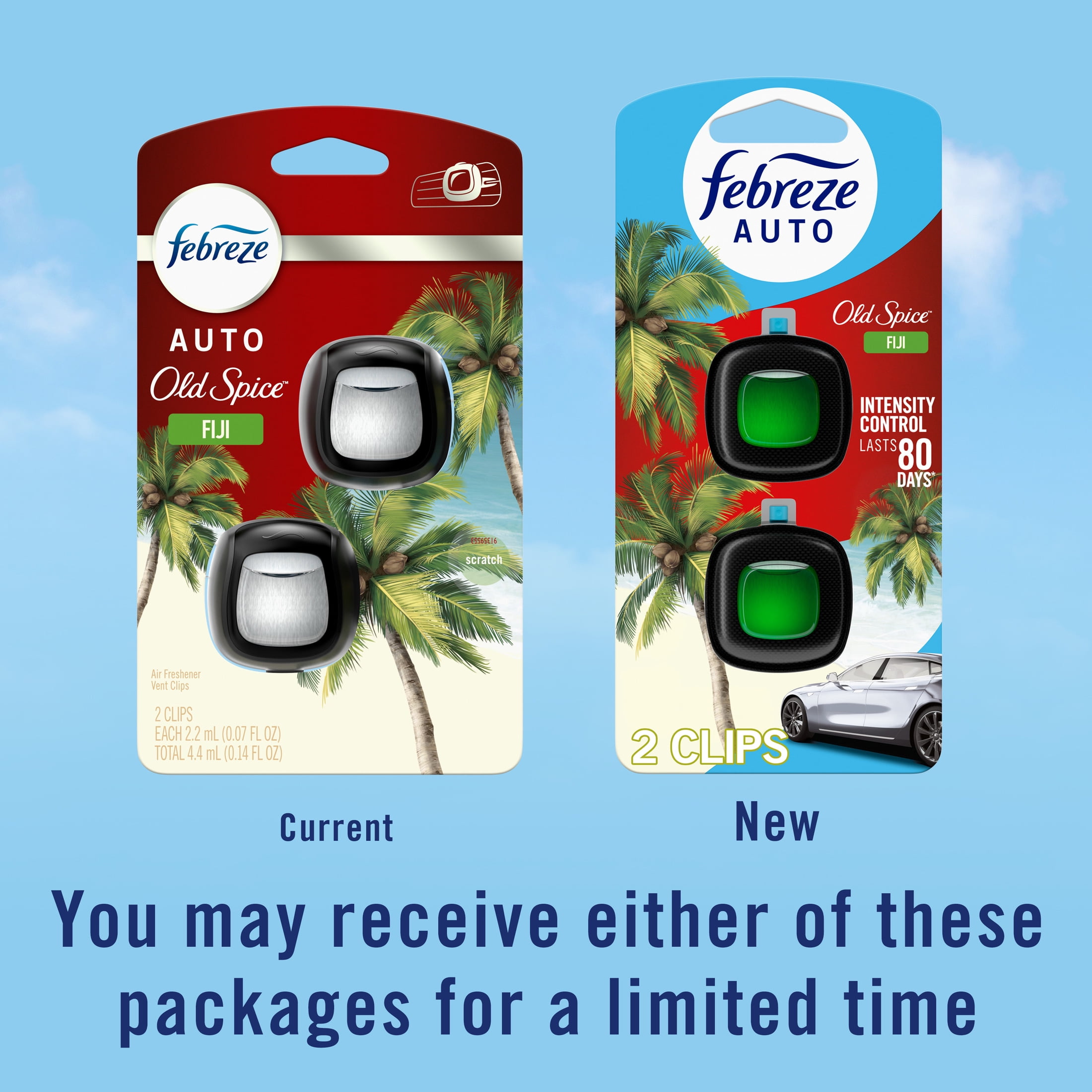 Febreze AUTO Car Air Freshener, Odor-Fighting Car Vent Clip, Old Spice Fiji, 2 Count