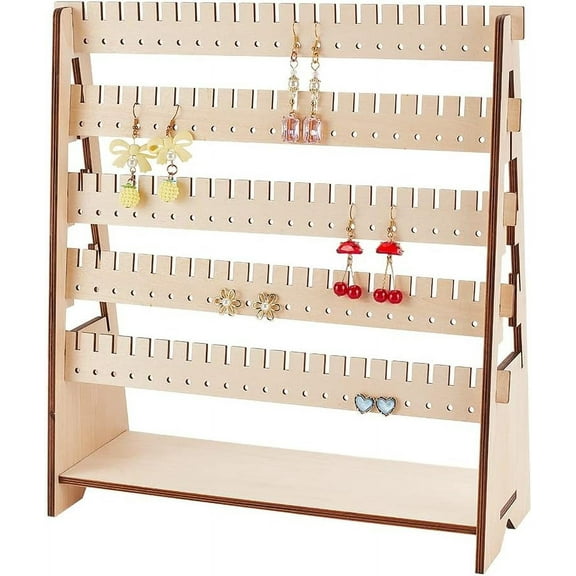 210 Holes Earring Holder 5-tier Wood Earring Display Stands Assembled Jewelry Tower Earring Organizer Holder Ear Stud Holder for Stud Earring Bracelet Necklace Ring Selling Retail DIY Blanched Almond