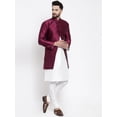 thumbnail image 3 of eloria Men's Indian Traditional White & Maroon Silk Blend Kurta with Churidar Pyjama and jacket Set, 3 of 7