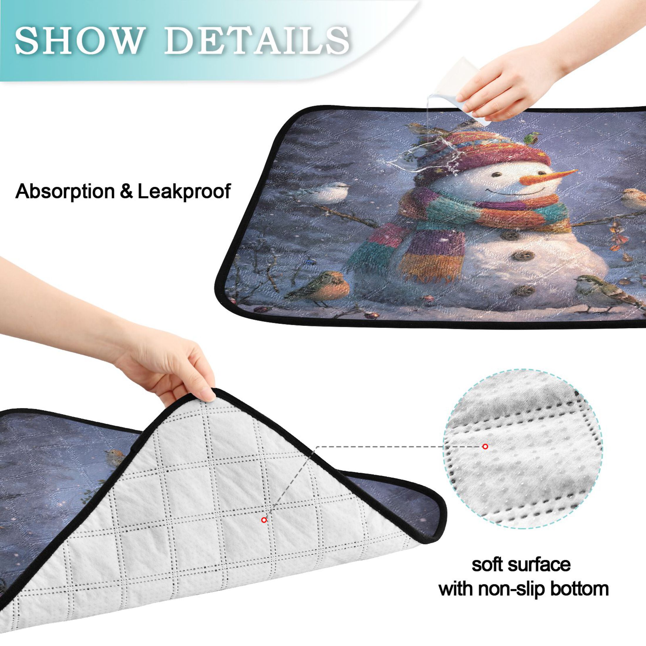 Qxltty Snowman with Birds Cat litter Pads Pet Set of 2 Diaper Mats Center Anti-leakage Layer Absorbent Soft and Comfortable