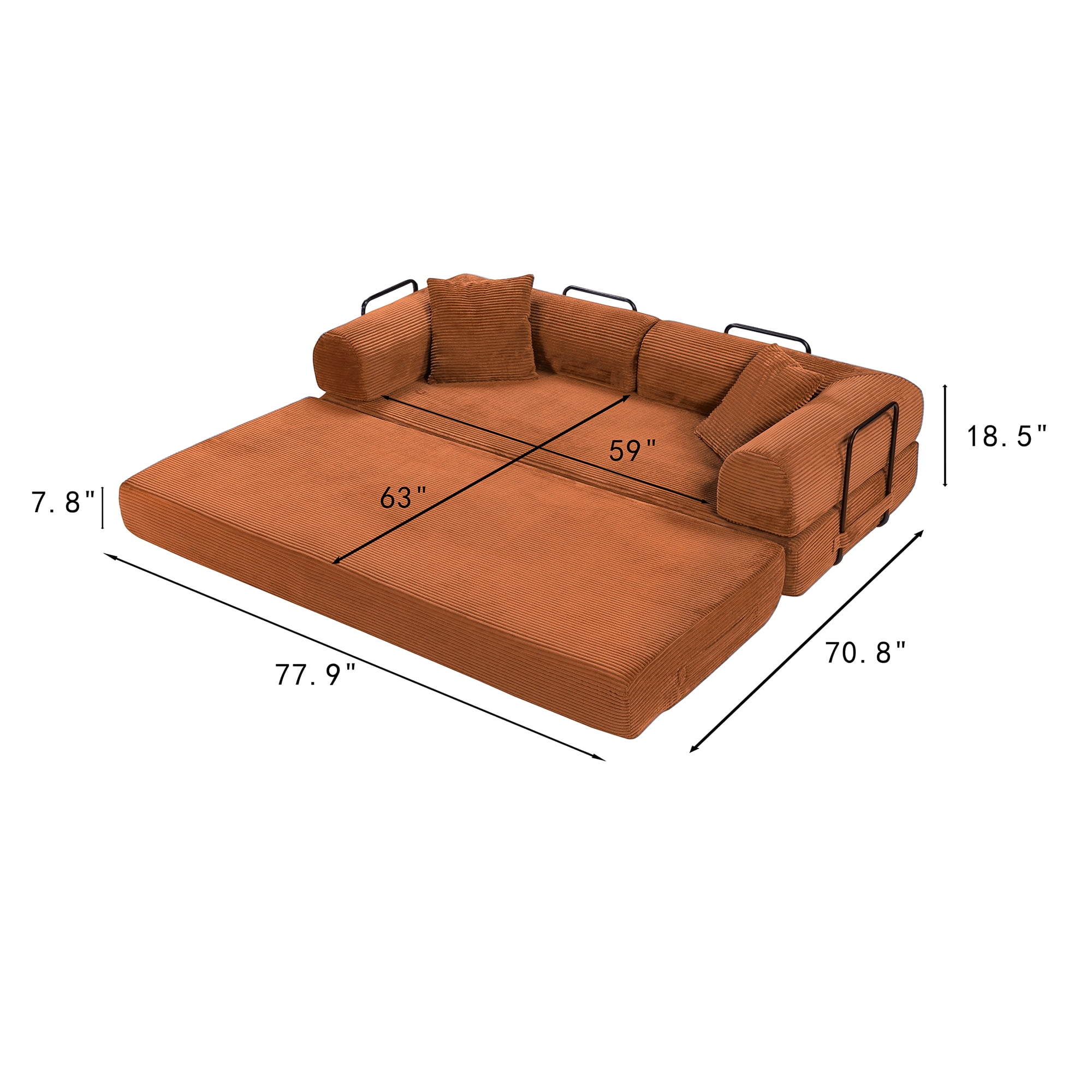 Miniyam Convertible Sleeper Sofa Bed with Cylindrical Pillow - Corduroy Folding Mattress Couch with Fixed-Shape Frame for Living Room, Bedroom, Lounge, Studio - Orange
