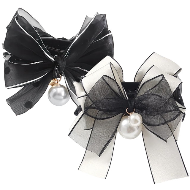 Miangastore Assorted Color Pearl Hair Clips with Bow Design for Decor Fabric and Pearl Material Fits Most 2pcs