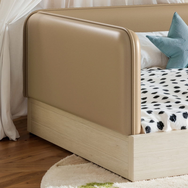 Twin Size Faux Leather Upholstered Floor Bed, Kids Montessori Bed Frame with Removable Guardrail, Low Profile Platform Bed