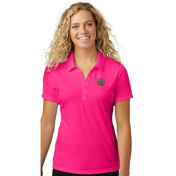 Womens Cute irish Shamrock Patch Polo Shirt, Small Pink Raspberry