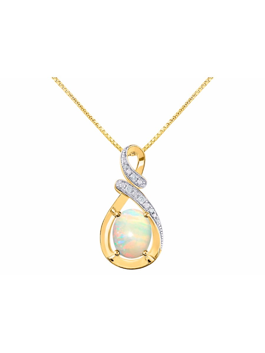 14K Yellow Gold Oval Opal October Stone & Diamond Pendant 