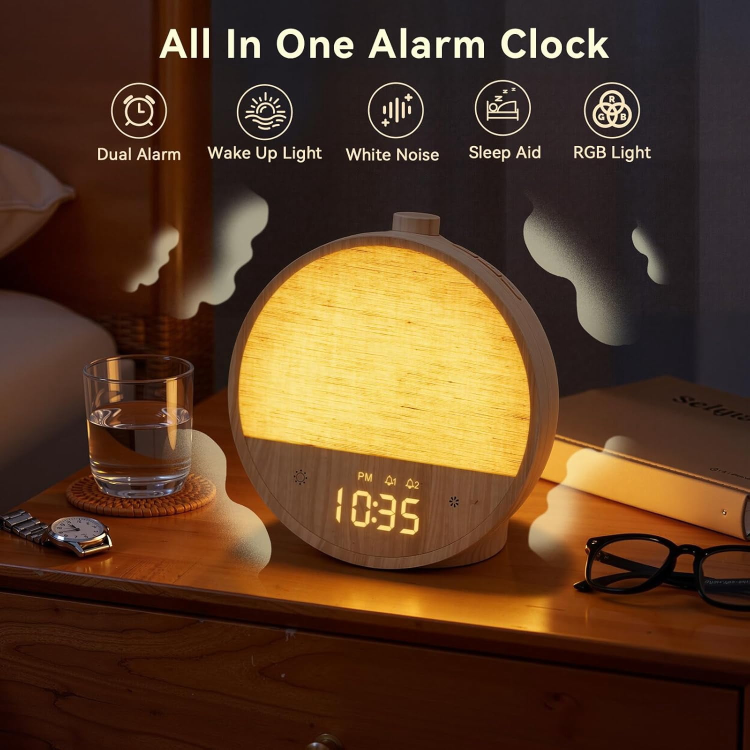 Wood Grain Sunrise Alarm Clock with Wake Up Light, White Noise Sound Machine, Dual Alarms for Heavy Sleepers, 10 Natural Sounds, RGB Mood Light, Dimmable Bedside Night Lamp for Bedroom