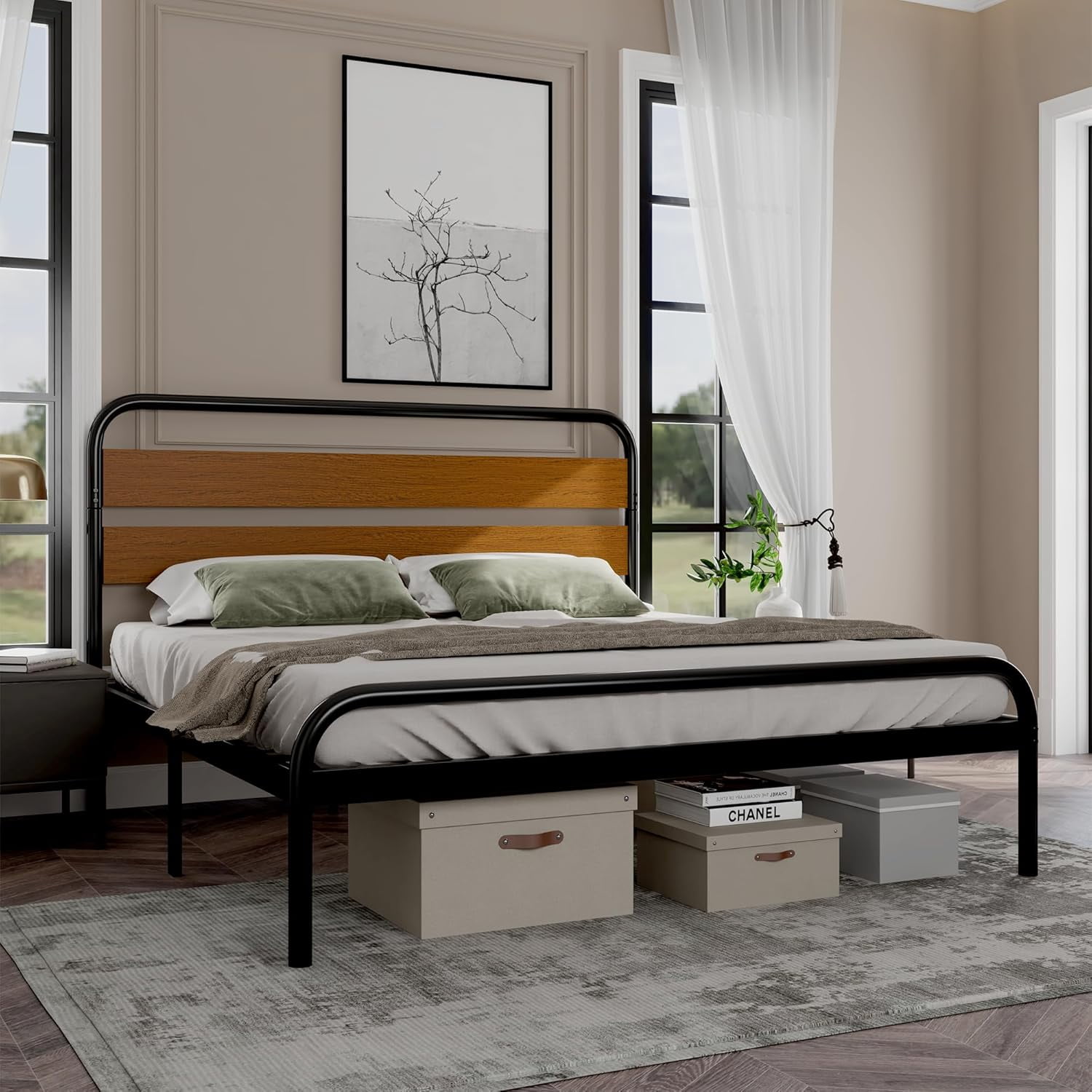 WALYWIK King Size Bed Frame, Heavy Duty Platform Frame with Wooden Headboard and Under-Bed Storage, Noise Free Design Mattress Foundation, Easy Assembly, Sandalwood Brown