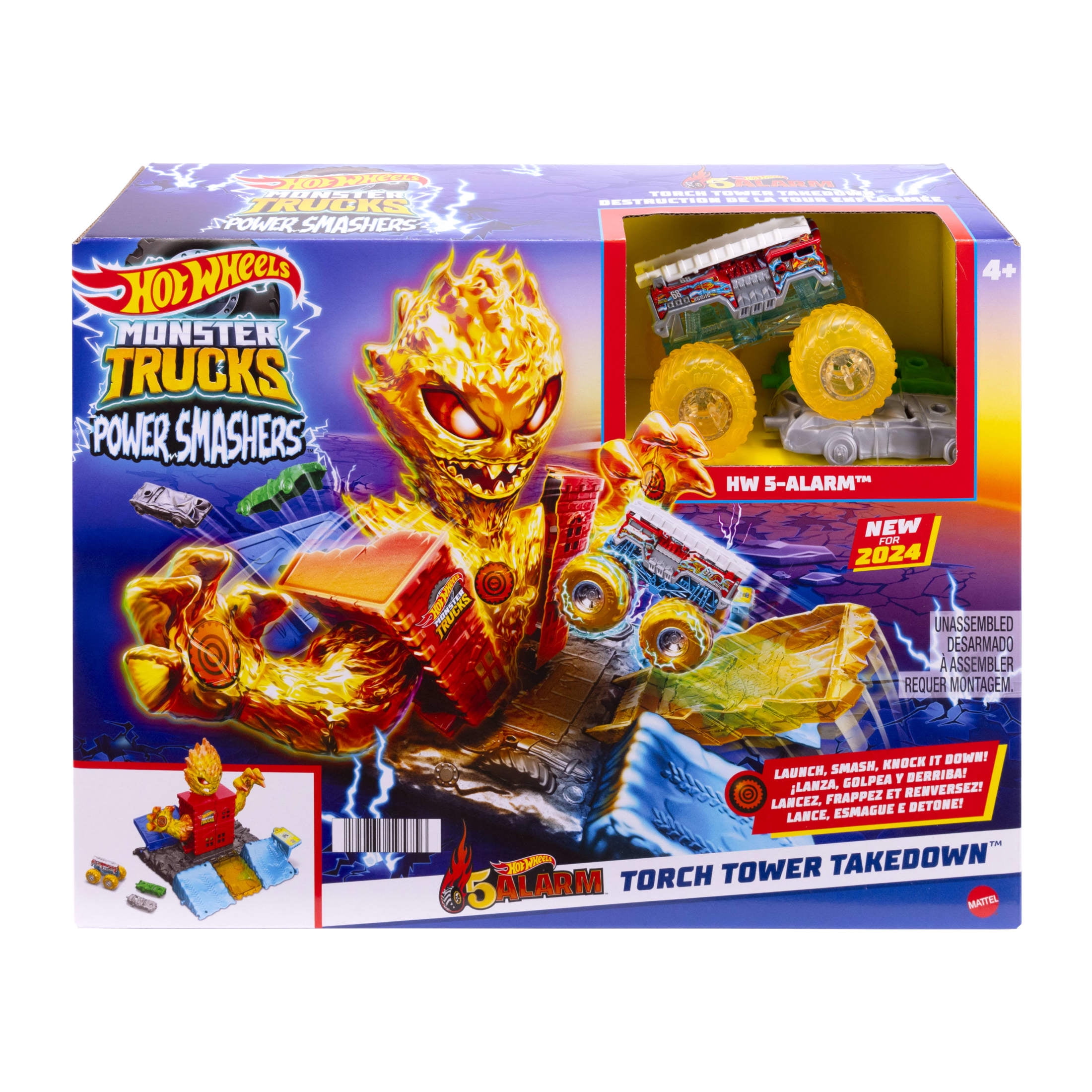 Hot Wheels Monster Trucks Power Smashers 5-Alarm Torch Tower Takedown Playset with 1:64 Scale Toy Truck & 2 Crushed Cars