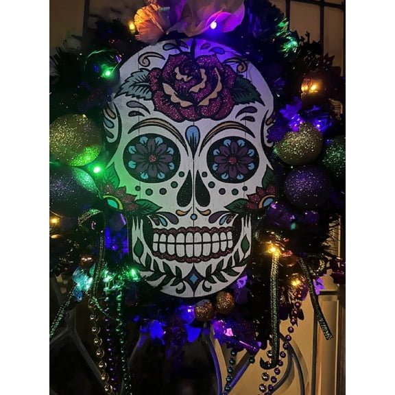 LED LIGHTED Halloween Dia De Los Muertos wreath Day of the Dead Sugar Skull