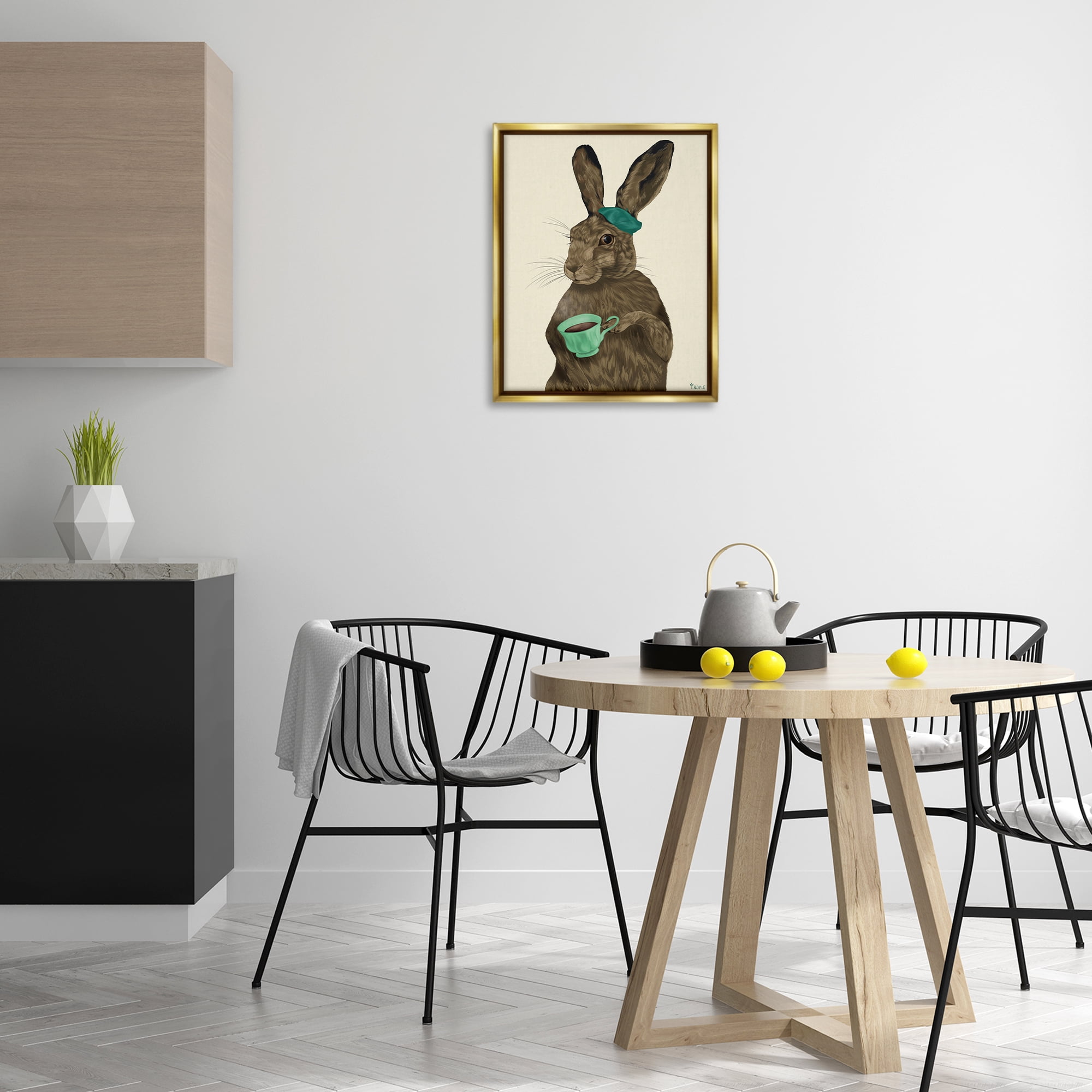 Stupell Industries Rabbit & Green Teacup Animals & Insects Painting Gold Floater Framed Canvas Art Print Wall Art, 17 x 21