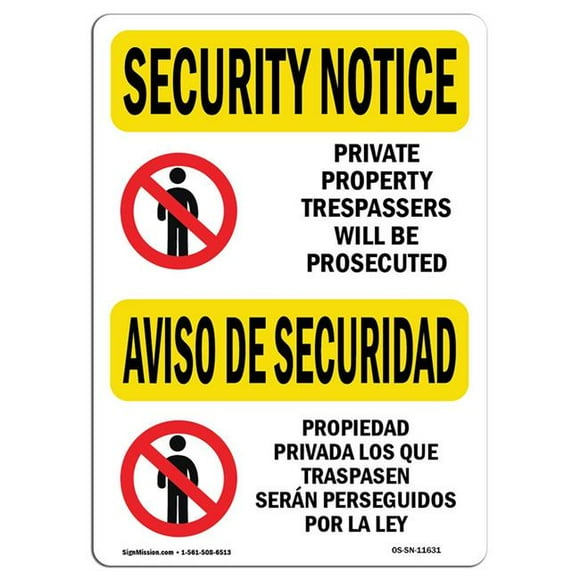 SignMission OS-SN-D-35-L-11631 OSHA Security Notice Sign - Private Property Trespassers