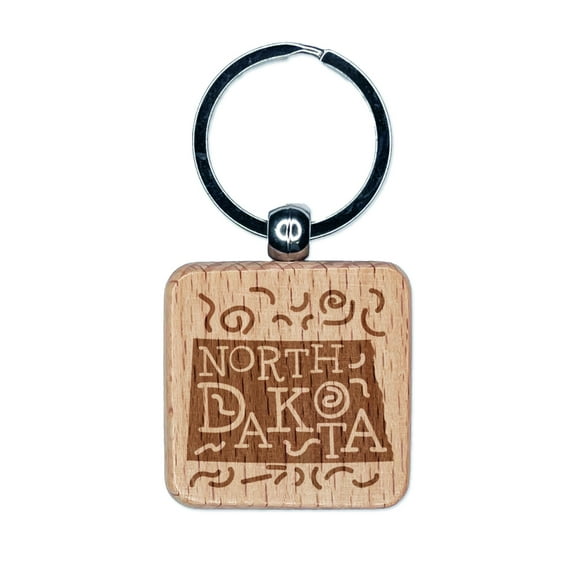 North Dakota State with Text Swirls Square Keychain Charm Tag - Engraved Wood