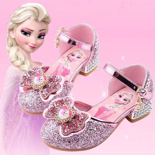 Calisansan Disney Frozen Elsa Kids High Heels Shoes For Girls Cartoon Leather Children Shoes Princess Shoes Girl Sandals Dress Snow Queen Pink 25 Ins