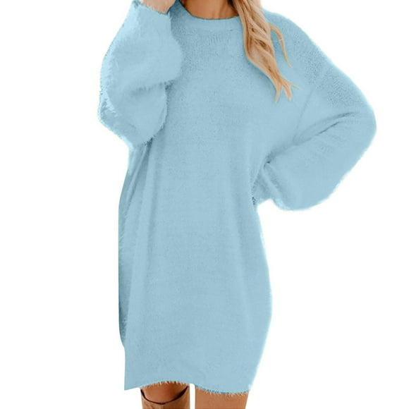 Bowake Womens Plush Fall Winter Dresses Crewneck Long Sleeve Cozy Fluffy Midi Dresses Casual Loose Fuzzy Knee Length Dress Sky Blue