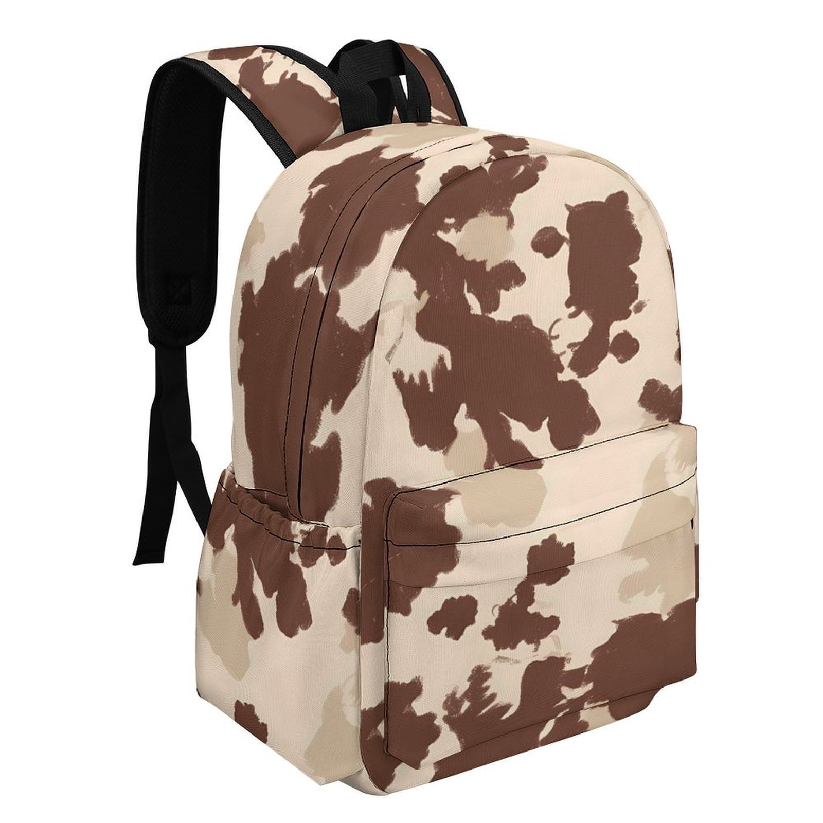 Large Capacity Half Print Backpack 11.8×16.5×5.9in Multifunctional Zipper Design Convenient Switch Brown Cow Pattern