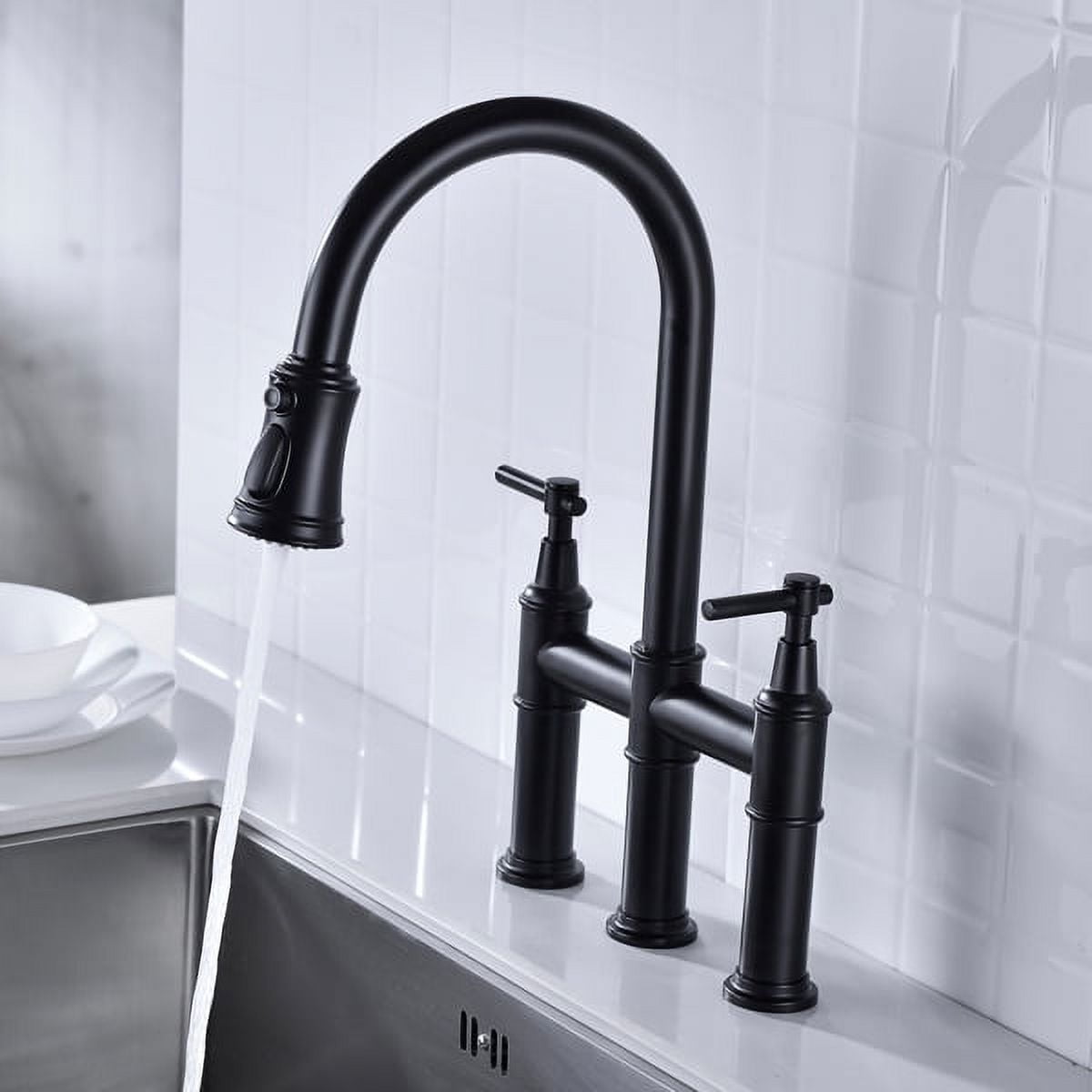 Matte Black Double Handle Pull-Down Kitchen Faucet - Brass Dual-Function Sprayhead, 360° Swivel & Transitional Design for 3-Hole Sinks