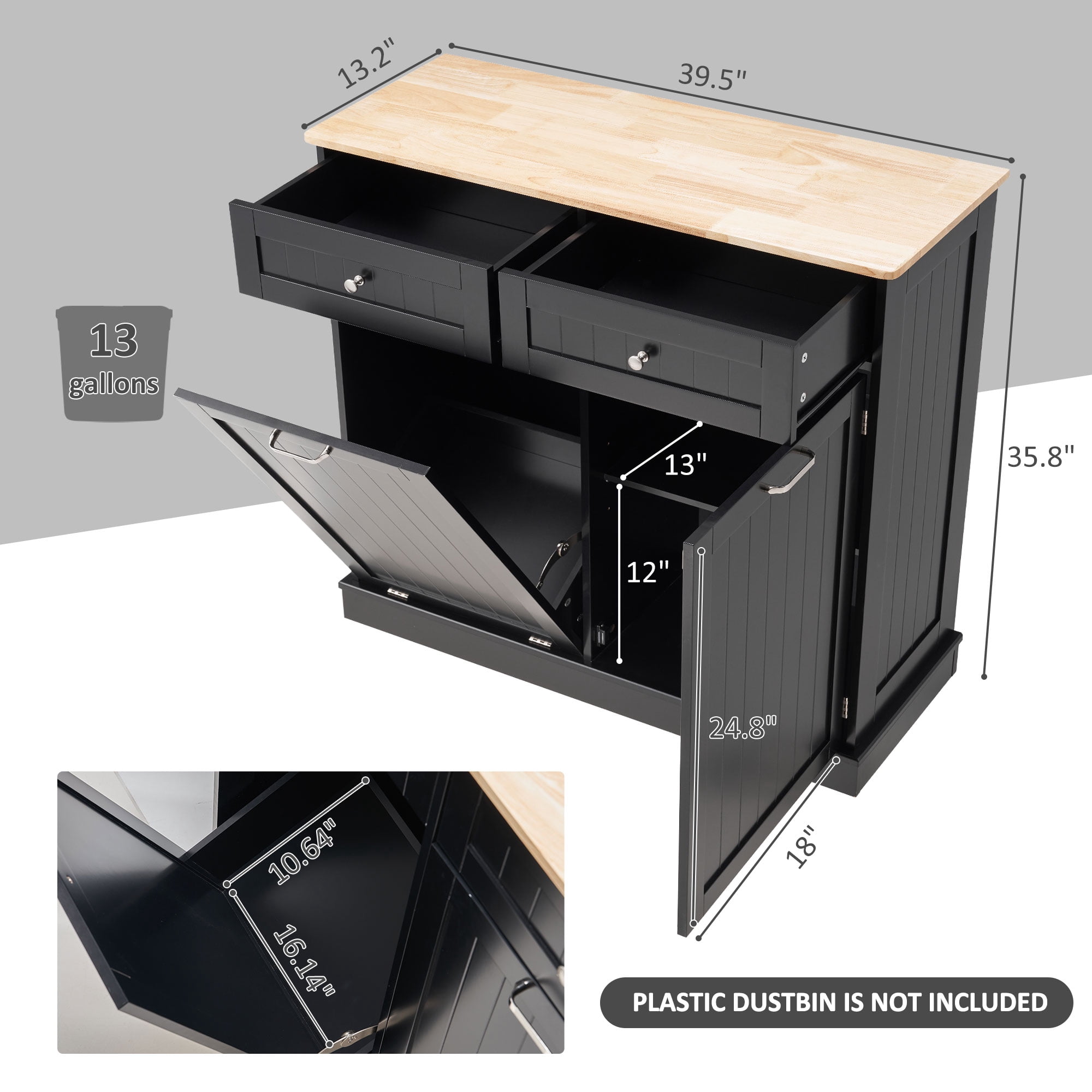 HARIPUL Single Tilt Out Trash Cabinet 13 Gallon Waste Bins Hidden Trash Bin w/ Hiddles for Kitchen, Black