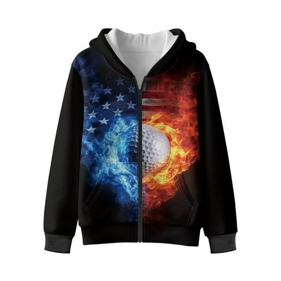 Xixirimido American Flag Fire Golf Ball Printed Kids Hoodies for Boys Girls Zip Up Hoodie Sweatshirt 3D Graphic Long Sleeve Pullover Top with Pocket for Fall Winter Velvet Lining for 12-14 Years
