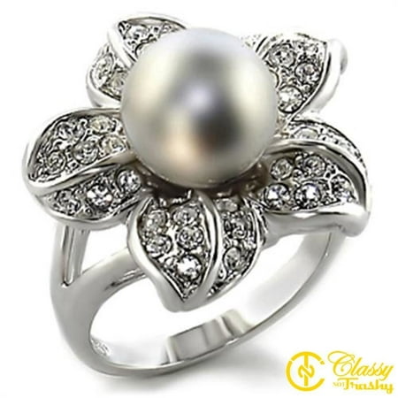 Mother Pearl Flower Ring - Classy Not Trashy® Size 6 Gray Flower Pearl Synthetic Stone Brass Rhodium Ring