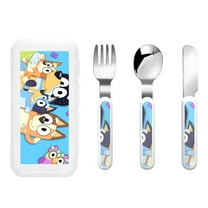 Johaoi Bluey Print Toddler Utensils,Kids Silverware with Silicone Handle Flatware Sets Childrens Safe Flatware Cutlery Set Stainless Steel Cutlery