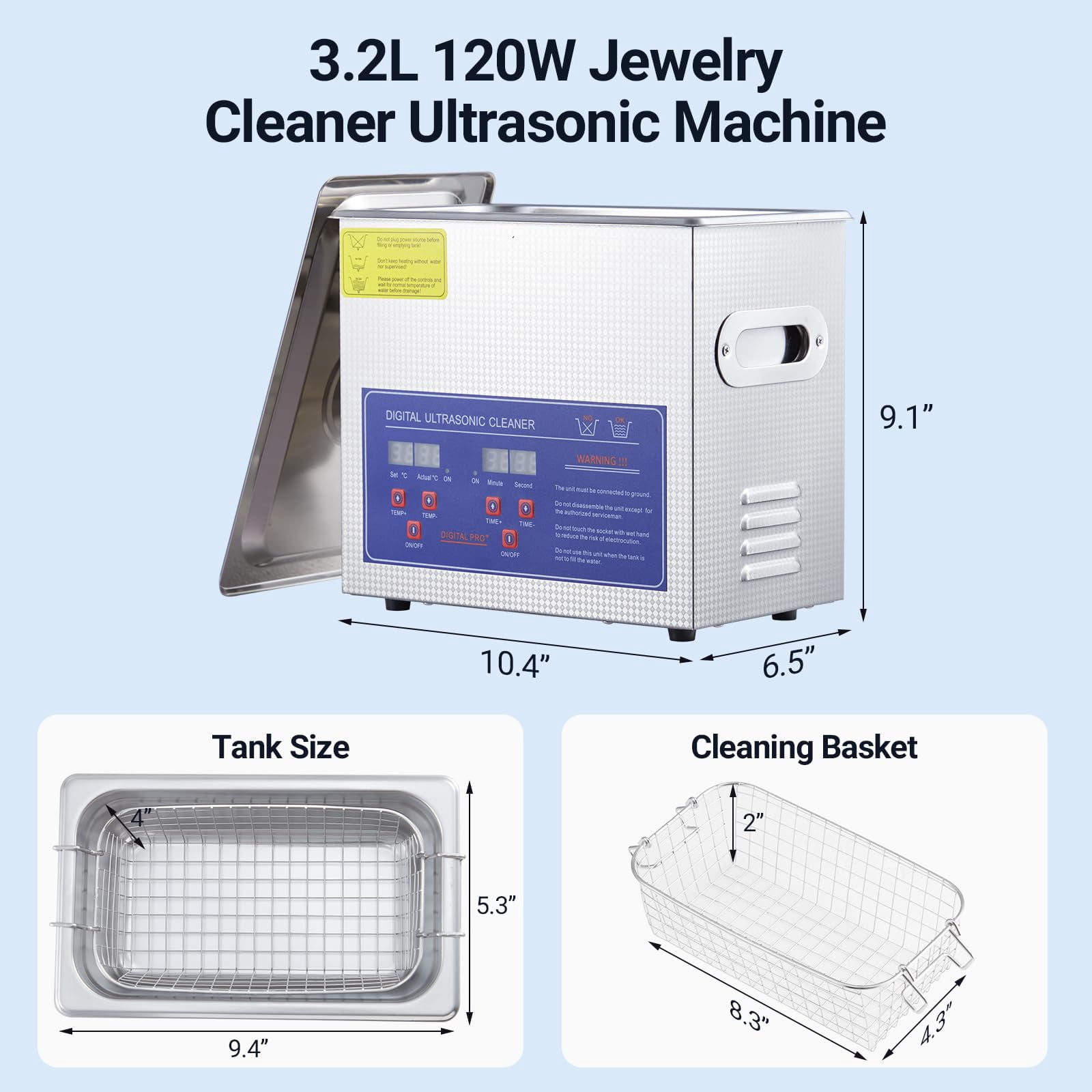 Commercial Ultrasonic Cleaner, 3.2L Professional Ultrasonic Cleaner, 40kHz with Digital Timer&Heater, 120w Excellent Cleaning Machine for Watch Eyeglasses Rings