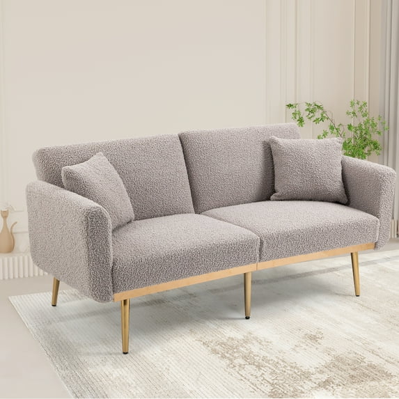 Futon Sofa Bed with 3 Adjustable Positions, Small Sleeper Sofa Loveseat with 2 Decorative Pillows, Modern Upholstered Convertible Couch with 5 Metal Tapered Legs, Gray