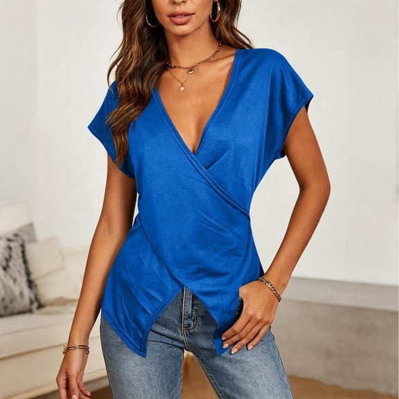 Mifsaly Womens Wrap Blouse Cross Front Short Sleeve V Neck T Shirts Slim Fit Ruched Pleated Casual Blouses Flattering Summer Going Out Tops Blue,L