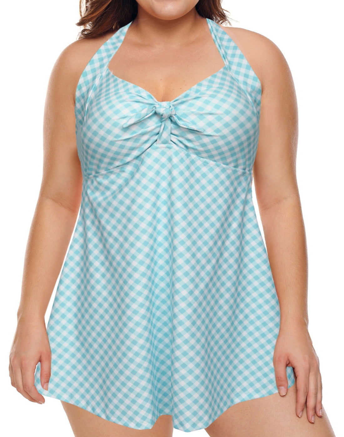 HDE - HDE Women's One Piece Swimdress Plus Size Tummy Control Boy Short Swimsuit (Teal Gingham 