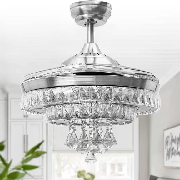 MORE CHANGE 42'' Crystal Ceiling Fan with Light and Remote Modern Silver Retractable Ceiling Fan Chandelier 3 Colors Change 3 Speeds Fandelier with Silent Motor LED Light Kit