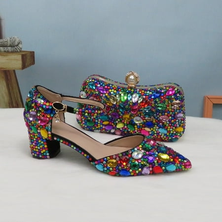 

Women wedding shoes with matching bags Multicolored Crystal Thick High heels Ladies Party Dress shoes women Pumps super big size