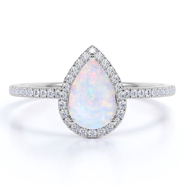 JeenMata Anillo de Bodas de 1,25 Uds con Halo de Moissanita y Ópalo de Fuego de Talla Pera en Oro Blanco de 18 K sobre Plata