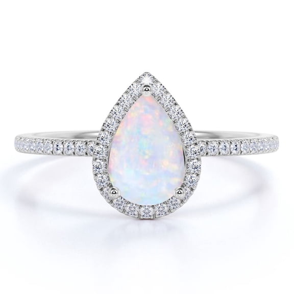 JeenMata 1.25 ct Pear Cut Opal and Moissanite Halo Wedding Ring in 18k White Gold over Silver
