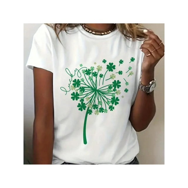 St. Patrick's Day Dandelion Graphic Tee - Women's Casual Crew Neck Short Sleeve Top, Stretchy PolyesCamisetas de verano para mujer, manga corta, cuello redondo, casual, lindo, con gráficos, camisetas