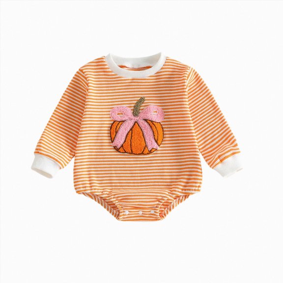 Gerichy Baby Halloween Outfit Newborn Girl Pumpkin Bow Bubble Romper Sweatshirt Infant Bodysuit Cute Fall Winter Clothes 0-18 Months